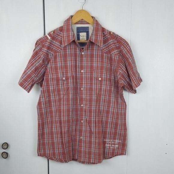 Pepe Jeans Mens Red Plaid Button down Shirt Revel Preppy pockets Sz.XL - Picture 1 of 8